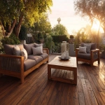 **a magazine quality photo realistic image of a backyard deck. The deck is made out of brown treated lumber that looks new. it is styled with restoration-hardware furniture and has a modern look. It is golden hour in the summer. The photo is for a wood protector ad in a magazine. --ar 5:4** - Image #4 <@1149448379978489937>