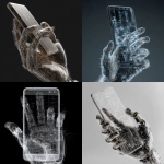 **mobile phone, straight on, held by a semi-transparent robot hand made of coding lines --v 7.0** - <@1048326817838280714> (fast, stealth)
-# Create, explore, and organize on [midjourney.com](<https://midjourney.com/imagine?from_discord=1>)