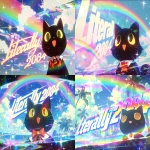**cute happy black cat with yellow eyes and wearing white collar with red tie in sunny rainbow pastel cloudy sparkling futuristic utopia city island vacation poster with big text "Literally 2084" --niji 7 --sref 817015524 3703497071 --ar 3:2** - <@937851746712186921> (fast)