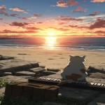 **fluvioglacial cat on synthesizer, sunset beach --ar 131:284 --v 7.0 --s 750 --sref 486554123** - Upscaled by <@692320895171166238> (fast)