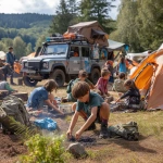 **style photographic, A camping survival workshop for kids, led by a trainer in outdoor camping gear, teaching children forest survival skills. Kids are actively participating some are setting up tents, others are cooking together on a campfire, some are applying first-aid ointment on a child's arm, and others are packing hiking backpacks. The setting is a vibrant outdoor campsite with Moai stone statues in the background, surrounded by tents, camping gear, and an off-road truck with a rooftop tent. Bright and lively atmosphere, adventure lifestyle, --ar 1:1 --v 7.0** - Upscaled by <@1120544737326280725> (relaxed, stealth)
