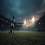 **Over shoulder higher angle view in the back of a soccer player with number 8 running towards the goal, the ball in front of him. The goal is visible in the distance during a night summer match with beautiful weather and a vivid sunset sky. The stadium is brightly lit. Ultra-high resolution. --ar 16:9 --v 7.0 --p 1dpxt9m** - Image #2 <@1164481202535792724>