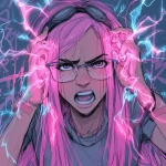 **an angry pink haired girl wearing librarian glasses. She has long straight hair and freckles. She is screaming in frustration pulling her hair with her hands. Neon pink and blue lights. Cyberpunk theme.** - Variations (Strong) by <@233729446534709248> (67%) (fast) --v 7.0** - Image #4 <@233729446534709248>