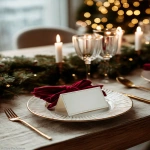 **<https://s.mj.run/CetuniwHn6M> A white mockup invitation card. Elegant festive christmas background, warm light, fairy light bokeh, linen tablecloth, elegant and natural holiday aesthetic. red napkins. Red, deep green, beige color palette. Elegant Christmas --ar 3:4 --v 7.0** - Image #2 <@1038768977310121984>