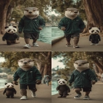 **Hyper-realistic cinematic photograph of a male otter animal the male otter is wearing a dark pine green nike windbreaker zipped up all the way and black nike running shorts and all white nike sneakers walking alongside a short latina female black and white panda with a female black and white panda head and short brown latina skin the short female panda is wearing a black nike windbreaker jacket and black shorts and all black low top VANS sneakers shoes walking around a park full of oak trees along a teal green rivers edge of a park --v 7.0 --aspect 2:3** - Variations (Strong) by <@836732642534752269> (fast)