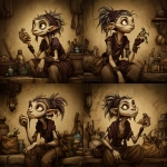 **young poor female goblin host is lean and sells iguana kebab, fantasy, dragonbane, portrait, --sref <https://s.mj.run/R2OFUAXBf5k>** - Variations (Strong) by <@321697901023723522> (fast)