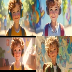 **a medium shot of a realistic illustrated happy 7-year-old Caucasian male student from America, they have a well-defined nose and a well-defined jawline, they have green eyes and curly blonde hair, they stand with their head and neck and shoulders completely square to the camera and facing forward, their entire body is facing forward, they wear a backpack, they have headphones on their head, they stand in front of a white wall with bright graffiti art spray painted on it, it is daytime, the sun is shining bright, high-definition, anime-style, --ar 16:9 --niji 6** - <@1065025086664474674> (relaxed)
