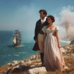**photograph type picture of a gorgeously handsome man with dark hair and blue eyes dressed in Regency era clothing. He is standing on a cliff top with a beautiful woman also wearing Regency era clothing - empire line dress with high waist. They are holding hands and watching a sailing ship of the type like HMS Victory. It is sunny. They are happy --v 7.0** - Image #1 <@1160482508425658468>