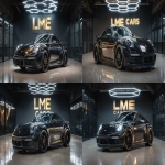 **a ultra realistic high quality photo of a porsche 911 inside a clean dark showroom with a hegagon light above the porsche reflecticting in its dark black paint standing infront of a wall with the text "LME CARS" in gold --ar 16:9** - Variations (Strong) by <@1044962652931248128> (fast)