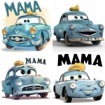 **Cute cartoon car with the text "MAMA" on its hood, in a blue color against a white background. The character design is in a Disney-style, with simple shapes and no shadow under the vehicle. The car has yellow hair in front of the headlight and a smiling face. The name is written in large letters at eye level using a black lettering font. --v 6.0** - <@1106905564325351424> (fast)