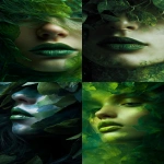 **Abstract close-up portrait of a face, surreal features, lips painted in vibrant green lipstick, hair flowing upward made entirely of lush green leaves, organic textures blending into skin, ethereal botanical patterns, dreamy surrealist composition, glowing highlights, soft shadows, artistic fashion editorial vibe. --ar 9:16** - <@1137663032605028362> (fast)
-# Create, explore, and organize on [midjourney.com](<https://midjourney.com/imagine?from_discord=1>)