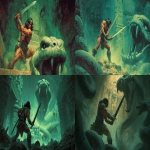 **conan the barbarian in an attack pose holding a greatsword ready to strike a massive evil snake with huge fangs in an ancient temple. Scener is dark and grim with eerie green lighting. Frank Frazetta style. --ar 16:9** - <@185556629561933824> (fast)
-# Create, explore, and organize on [midjourney.com](<https://midjourney.com/imagine?from_discord=1>)