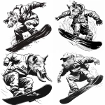 **black line art illustration, simple tattoo-style outline, dynamic snowboarder mid-jump, clean bold lines, minimal shading, white background, detailed winter clothes, expressive motion, wild boar head instead of the original head, large tusks, aggressive expression, smooth flowing linework, high contrast, stylized minimalistic design --v 6.0 --ar 1:1 --raw** - <@1411409201405624532> (fast)