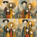 **whimsical photorealistic illustration of a fathers d mother with their girl and boy, father has black hair and a moustache, he’s wearing glasses, mother has curly blonde hair and she’s wearing glasses girl has dark brown hair and she’s wearing glasses, son has light brown hair --v 7.0 --p b3kgthr --s 750** - Variations (Strong) by <@520759084903956481> (fast)