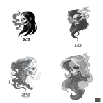 **tattoo design, simple tattoo style, "2/3", skull face in smoke, long hair flowing behind the head, cartoon-style tattoo art, dark gray and white color scheme, white background. --ar 51:64** - <@1038926751054696569> (fast)