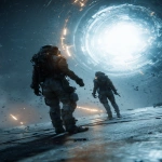 **Two figures in tattered exo-suits stand before a cracked monochronolith, its core pulsing with unstable temporal light, one reaches out while the other watches in fear, reflections of forgotten timelines swirl on its surface, harsh shadows, glowing debris in the air, dark sci-fi mood, cinematic close-up, dramatic lighting, high detail, atmospheric tension --ar 2:3 --v 7.0** - Upscaled by <@1052958752749387917> (relaxed)