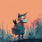 **<https://s.mj.run/RTecCqauTFQ> Reimagine this clean cartoon illustration in a painterly, atmospheric style. Use muted earthy tones blended with halloween colored pastels, textured brush strokes, and hazy gradients in the sky. Hiking through the forest with his cat. In the Pacific Northwest near the mountains during blue hour. Apply loose, expressive linework with subtle shading, crosshatching, and worn textures. Add depth and warmth through cinematic lighting and moody color grading. Expressions should remain exaggerated yet nuanced, balancing humor and melancholy within an atmospheric, storybook-like setting. Color Palette: 20% pastel periwinkle 40% pastel cotton candy 20% pastel sekura pink 10% pastel celadon 10% pastel black** - Image #3 <@757787837981786134>