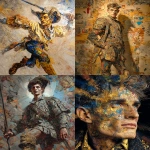 **<https://s.mj.run/pD-mXUe5K9w> millennial generation, oil painting depicting art of a handsome young warrior, modern day, fashion shoes, Affandi's painting style, full body view, dynamic pose, full body view, millennial generation, fractal patterns, mens boots, small splashes of blue paint, warm colours, and surrealism. Francesco Solimena style --sref <https://s.mj.run/cSL24lmjarU> --sw 10 --chaos 3 --ar 4:5 --iw 0.3 --v 7.0 --no hat** - <@988364629556199494> (fast)