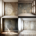 **A photo of an interior wall with very detailed, subtle distressed wallpaper in muted tones and gold accents. The pattern is ornate but subtle. There is no light source on the left side of the room, which gives it an interesting effect. It has large circular areas painted white that resemble windows or doors on one end of the room. --ar 32:23** - <@1313000520759377972> (fast)