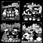 **Six of Cups tarot card by Sarah Andersen. The image is black and white and depicts two people working in the city ground with four cups filled with flowers on display in front of them. The woman is wearing dress , while her brother wears ancient outfit. The brother is tending a chalice with flowers to his sister and there is a flower vase behind him. There is an old stone houses and buildings in background. all set against a black background, and the overall design is simple yet striking, in the style of Sarah Andersen. --ar 3:5 --v 7.0** - <@409716268476923920> (fast)