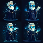 **Futuristic legal wizard mascot, glowing blue eyes, wearing a judge robe mixed with a wizard cloak, holding a digital scroll and a smartphone, cartoonish but clean, high-tech magical vibe, flat design - vector art --s 250** - Variations (Strong) by <@844314166369583134> (fast)