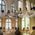 **Portrait of friends at a dinner table in a luxury apartment, in a French neoclassical style with large, arched windows. They are between 39 and 45 years old, all wearing minimalist clothing in neutral tones, and are casually drinking wine. They are a diverse group of people: a dark-skinned Black woman wearing an elegant off-white dress with braided hair, an Asian man, and a white woman and man. The setting is a dining room with large windows, high ceilings, soft lighting, and a relaxed atmosphere.** - <@1128428931243057244> (fast)