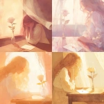 **A soft pastel romantic album cover illustration, delicate watercolor style. A gentle dreamy atmosphere with a young woman sitting near a wooden table by a window. On the table, a single white rose in a glass vase and a vintage envelope. Warm sunlight softly illuminating the scene. The woman's face is partially hidden by her flowing hair. The background shows a translucent curtain with subtle Indian patterns. The color palette is pastel pink, beige, and cream. Minimalistic, poetic, emotional, two-dimensional illustration. No text. --niji 6** - <@1212945075831836692> (relaxed)