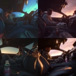 **a male, in gym clothes, sitting inside of a modern ford mustang, sitting in the driver seat, with the camera perspective low from the passenger side of the car, looking up at the driver, looking down at a bottle in the cup holder. dawn hours. photorealistic** - <@719736185945063474> (fast)