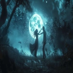 **A man and a witch dancing bare beneath a full moon in a forest clearing, soft silver light through mist, ancient ritual circle glowing faintly, her grimoire open nearby, ashes swirling into her reborn form, ethereal atmosphere, romantic yet eerie, love and magic intertwined, cinematic lighting, detailed textures, enchanted forest night scene, 8k, fantasy realism, painterly style --ar 16:9 --v 6.0** - Image #2 <@876267919003238460>