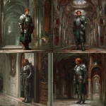 **digital art, fantasy art, D&D eberron, slightly steampunk, 28 year-old general wearing silver and green heavy armor, red hair, no facial hair, tired look, standing in a fancy hallway inside a palace --v 7.0** - <@882568318530232330> (fast)