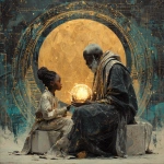 **A futuristic Black elder and child seated in a circle of light, exchanging a glowing orb inscribed with ancient Kemetic glyphs and digital code. Behind them, a mural of resistance and joy--marches, drums, stars, and sacred geometry. Style: Afro-futurist, collage-inspired, bold contrast with soft lighting. Snowflake macrophotography Afrocentric futurism --v 7.0** - Image #1 <@1071135204846096475>