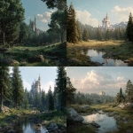 **Cinderella-inspired landscape, with the castle and a forest in the background. Realistic scene, high detail, cinematic style. --v 7.0** - <@1083746911070191616> (fast)