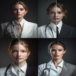 **Photorealistic portrait of a young woman standing front-facing, split symmetrically in half vertically. Left side: medical doctor wearing a white lab coat, stethoscope, calm and professional expression. Right side: high-end businesswoman look with an elegant suit and tie or blouse, subtle jewelry, confident corporate posture. Perfect seamless split between the two halves, dramatic studio lighting, dark background, ultra-detailed textures, high-definition 4K realism, strong visual contrast between the two identities --ar 3:4 --raw** - <@525310115033645076> (fast)