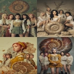 **A kpop magazine cover showing a girl band and ammonite amanita. --ar 2:3** - <@1052958752749387917> (relaxed)