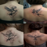 **tattoo of a bird in flight, with geometric shapes and feathers in the background, on a woman's back. --ar 1:2** - <@241887161421529090> (fast)
