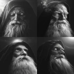 **realistic portrait of a slightly younger wise man with a long white beard and intense eyes, wearing a dark hooded cloak, head slightly tilted upward and facing 3/4 angle, cinematic lighting, ultra-detailed facial texture, soft shadows, ethereal glowing light behind the head, subtle mystical atmosphere, monochrome black and white, 8k, hyperrealistic photography style --ar 3:4 --v 6.0 --no hand, staff, medallion, background symbols --raw** - <@1146806236982034432> (fast)