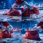 **Close-up scene on a snowy rooftop: Santa Claus’s white-gloved hands gripping and opening a massive red velvet sack. Inside the sack: multiple identical transparent acrylic trophies, heavy and solid, tightly packed, edges catching cold blue light, exactly matching the reference design. One single trophy lies outside the sack on the snow, clearly separate, partially buried under fresh snow, with visible frost, snow crystals, and cold surface condensation. The sack fabric is thick velvet, visibly worn, slightly wet from snow, with realistic folds and weight. Snow clings to the fabric fibers and gathers in creases. The ground shows disturbed snow: hand marks, fabric drag marks, uneven compression, small ice granules. The chimney base is visible nearby with soot-darkened bricks and slight burn residue. Background: blurred city lights at night, cold blue tones, falling snow. Lighting: high-end editorial macro lighting, soft diffused key light + practical ambient city glow, imperfect reflections, realistic shadow falloff, tactile physical realism. Material realism: micro abrasions on acrylic, fingerprints, refraction imperfections, subtle lens bloom. Photographed realism, premium commercial photography, not polished, not artificial. Shot on Canon R5, 100mm macro, f/2.8, ISO 640, 1/160s, shallow depth of field, natural film grain. --ar 4:5 --v 7.0 --raw --oref <https://s.mj.run/SB-W-zigDmg>** - <@1239955832326586419> (relaxed)