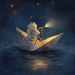 **A white folded paper boat sails through the night sky. In the boat is a silver-furred mouse wearing a folded paper cap and holding a silver sextant. The boat gives off a glowing aura. The background is a starry sky against a dark void. Ammonite amanita Highly realistic painting. --v 7.0** - Image #2 <@1004897810543554640>