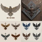 **In a Dungeons and Dragons art style create 4 version or a noble house&#039;s sigil. Its major element is a hawk wings wide and vigilent. It&#039;s minor elements are of a plant and a forge. They each all be different versions made of different materials, such as stone, iron, wood, and glass. They should all be simple designs using one material only. They should be worn. They should be on a white background. --v 7.0** - &lt;@478047972412620803&gt; (fast)