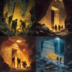 **college archaeology team exploring an underground nephilim temple. magazine cover horror art painting. mystical hieroglyphs, golden artifacts, megalithic** - <@1071816075978752071> (fast)