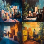 **Expressionist abstract oil painting of person picking up boxes at a storage facility with a forklift. Visionary, realistic, plants, warm lighting, fall, bright happy office --ar 4:3 --v 7.0 --s 50** - <@495133821717446656> (fast)
