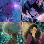 **hand-illustrated anime stills. Belladonna of sadness meets Disney. fantastical gothic sci-fi. gothic glam women, of different ethnicities, some overweight, magical in lens flare toned opulent clothing. Encrusted with diamonds, Leaves, silk, florals. Eerie neon mist traces outlines of surroundings. witchcraft, casting spells by moving glittery energy with their hands, reading lacy books, stirring a black cauldron of potion, secrets, sweetness, forest made of iridescent flames, sunsets, gravity - defying water - 1970s aesthetic. Blue, peach, lilac, green** - <@840730232632639528> (fast)
-# Create, explore, and organize on [midjourney.com](<https://midjourney.com/imagine?from_discord=1>)