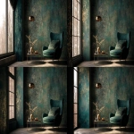 **Dark green and gold vintage wallpaper with a metallic sheen, intricate patterns, and a luxurious feel, set in a dark room. An elegant armchair and coffee table sit in front of the wall, with soft lighting casting gentle shadows on the textured surface. --v 7.0 --ar 3:2** - Pan Left by <@1313000520759377972> (fast)