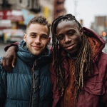 **a photo of two handsome young men smiling and posing for the camera. one is white with short brown hair wearing a blue puffer jacket, the other is a black man with long dreadlocks on top and a fade haircut, wearing a dark red-orange windbreaker. the background is an urban street setting with buildings and signs, and they both have their arms around each other's shoulders, in the style of annie leibovitz. --ar 127:128 --v 7.0 --p 7t8d38w** - Image #3 <@995751013732581408>