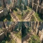 **an overhead view of a barbarian army attacking an army of knights infront of a large stone fantasy castle, daytime, sunny day, eye catching --ar 16:9** - Variations (Strong) by <@970632419348717588> (fast)