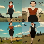 **portrait of beautiful businesswoman in the style of a country engraving landscape, she’s wearing a knit vest and collared Shirt, pencil skirt, and kitten heels --c 2 --s 125 --sref 980717352 1001291507 --sw 25 --ar 5:7 --v 6.1 --p 3mmvj89** - Remix (Strong) by <@1203771238686793768> (relaxed)