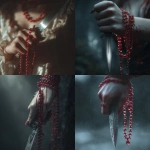 **pale dainty female hand holding a dagger glinting in moonlight, red beaded necklace dripping down her wrist --v 7.0** - <@1144852185851646012> (fast)