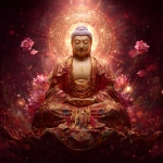 **Highly detailed digital painting of Amitabha Buddha seated in full lotus posture on a large radiant crimson and gold lotus throne, floating amidst cosmic clouds. His expression is calm, solemn, and divine. His eyes are closed, showing deep meditation. He has long earlobes, arched eyebrows, a round top bun, and a glowing red urna on his forehead. His skin is soft and luminous. He wears flowing, elaborately embroidered red and golden-yellow robes, rich with floral and celestial patterns inspired by traditional Chinese thangka and Pure Land Buddhist art. His hands are in Dhyana Mudra, palms upward, right over left, thumbs gently touching. In the center of his chest is the sacred 卍 symbol, glowing faintly. Behind his head is a gigantic radiant halo, with intricate mandala and lotus petal patterns. The halo radiates beams of gold, white, and pink light, blazing outward like a sun of compassion. His entire body is glowing with a soft golden-red aura, and gentle pulses of cosmic light expand outward, merging into the background. The background is majestic and cosmic, a deep crimson sky adorned with glowing floral motifs, swirling energy, falling lotus petals, and mystical golden mist. Celestial textures and sacred geometry enhance the divine presence. The atmosphere is grand, transcendent, and filled with deep spiritual warmth. Vertical format, ultra-detailed, cinematic lighting, with subtle Studio Ghibli-style anime aesthetics blended with sacred Buddhist iconography. Perfect for depicting Amitabha Buddha in a divine oracle card or spiritual thangka.** - Image #3 <@1056980764291514368>