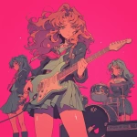 **japanses manga girls band reptilian 80s hair band wearing school dress background is stage with 80s feeling --niji 6** - Image #3 <@919678712226648134>