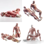**Create a 3D anatomical illustration depicting a male and female figure without skin, showcasing their muscular systems in detail. There should be two female figures lying down recovering from heavy exercise. The muscles should be highly detailed, with visible tendons and muscle fibers, and the anatomical structures should be accurate. The background should be solid white to emphasize the anatomical details --quality 2 --v 7.0** - <@692066457164709888> (relaxed)